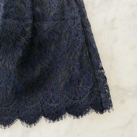 J. Crew Blue Black Lace Mini Skirt 8 Work Party Cocktail Classic Navy Modest - Picture 2 of 6